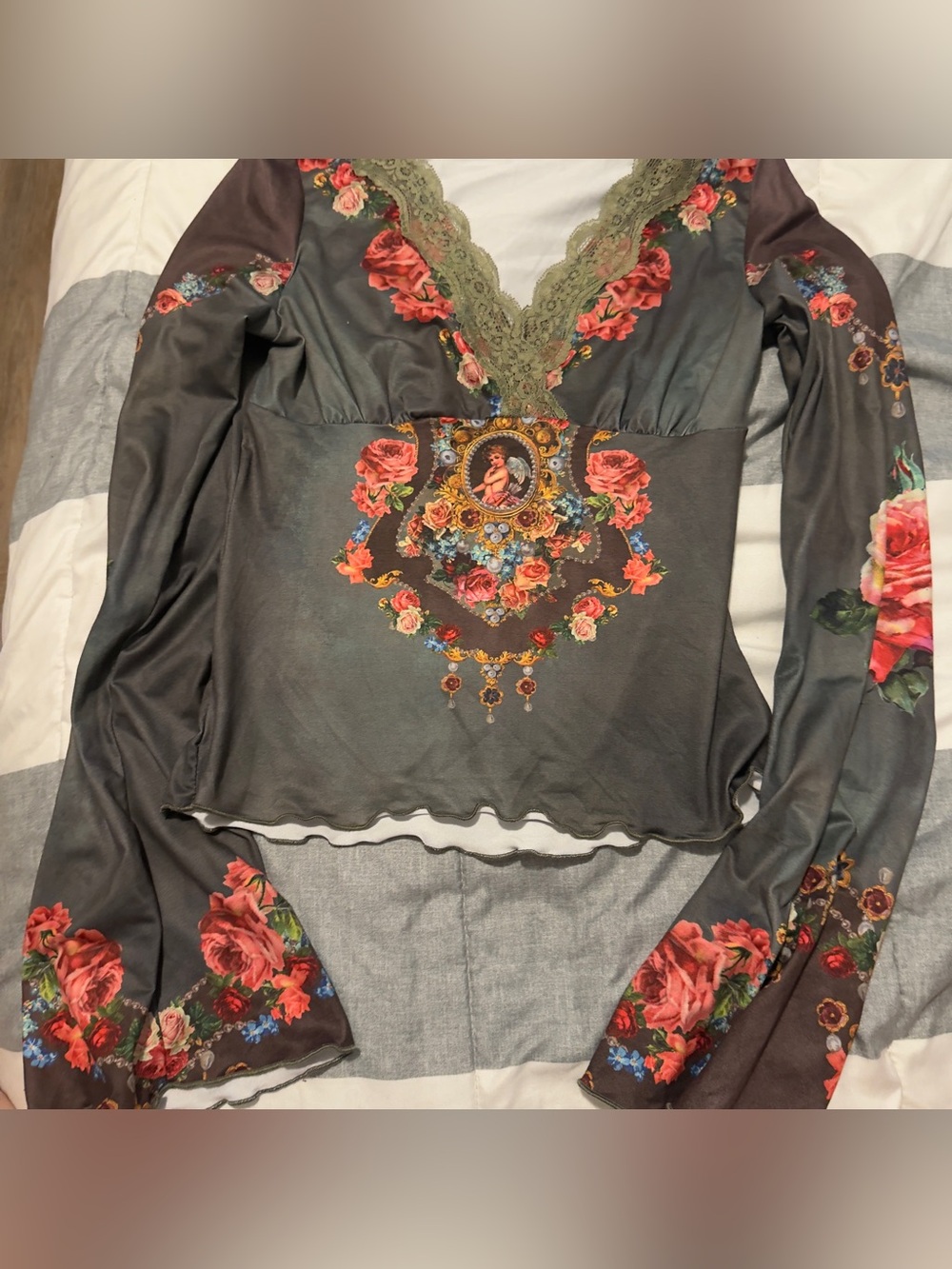 SHEIN Olive Green V-Neck Long Sleeve Top with Rose Medallion